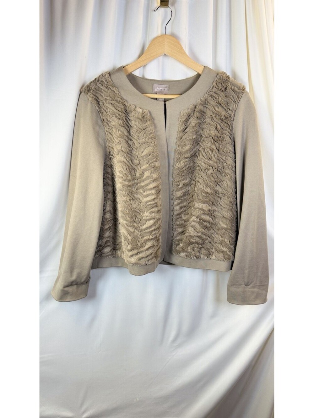 CHICO'S Women’s Faux Fur Ponte Taupe Tan Jacket Cardigan Paneled Solid Size 2.